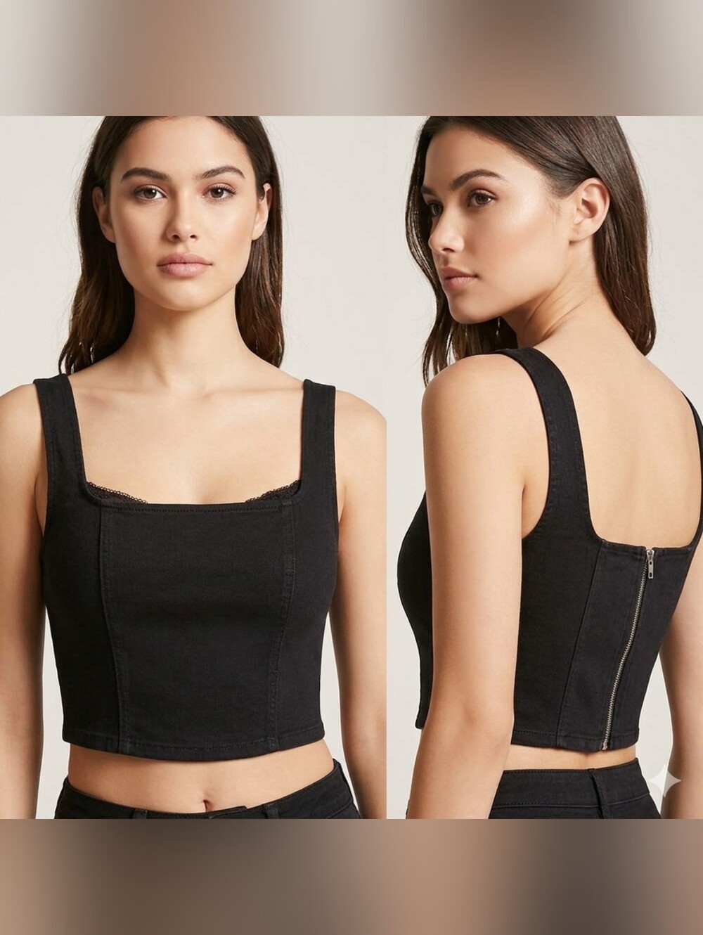NWT Forever 21 Women's Size Large Black Corset Crop Top Zipper Back Square Neck